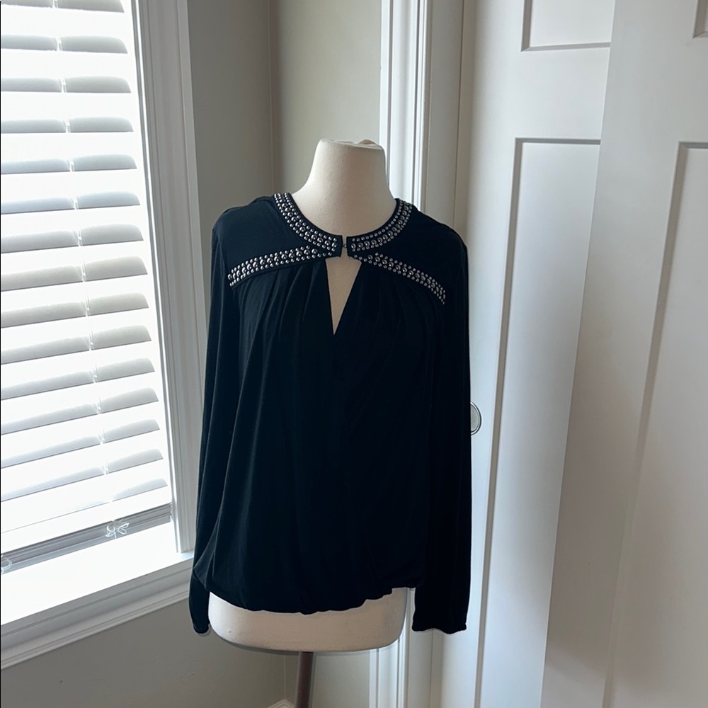 Rain Black Embellished Cut Out Faux Wrap with Bib Collar Size Medium